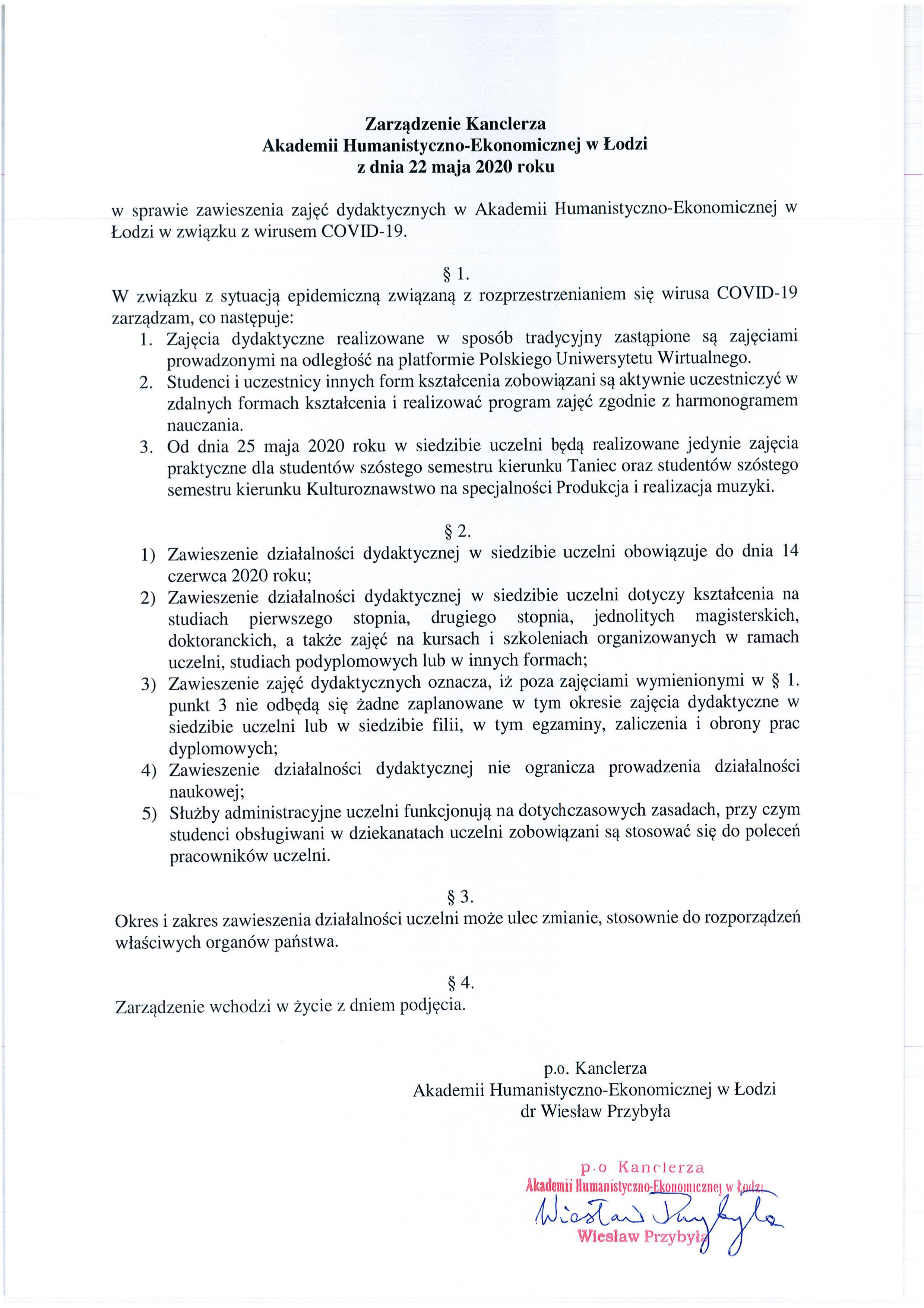 zarządzenie kanclerza z 22 maja dotyczące covid-19